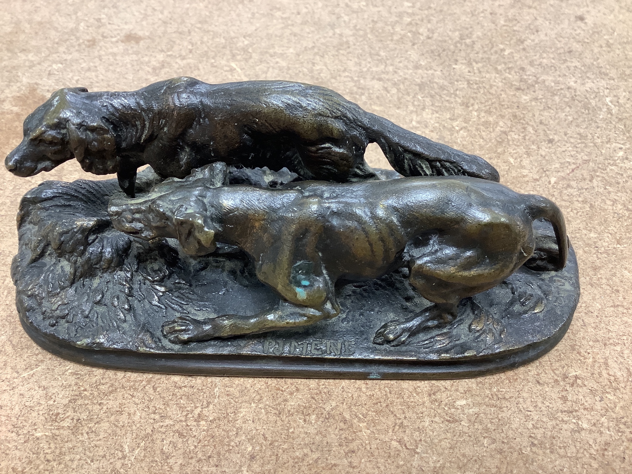 After P. J. Mene, a small bronze model of two gun dogs, Width 13.25cm